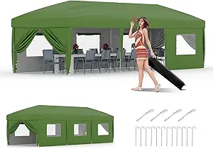 10x30 Pop-Up Awning with 8 Sidewalls - Heavy Duty Outdoor Awning Tent with Portable Rolling Bag - 3 Adjustable Height, 8 Weight Bags, 8 Stakes and 6 Drawstrings, Green