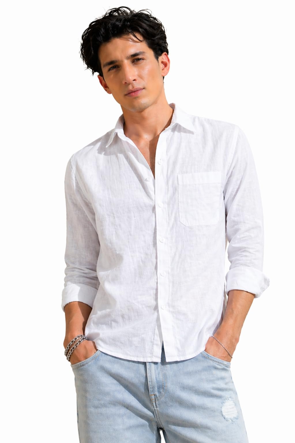 scrtch Men’s White Linen Casual Wear | Regular Fit Solid Full Sleeve | Breathable Premium Lightweight Button Down for Office, Beach & Party-picture-42