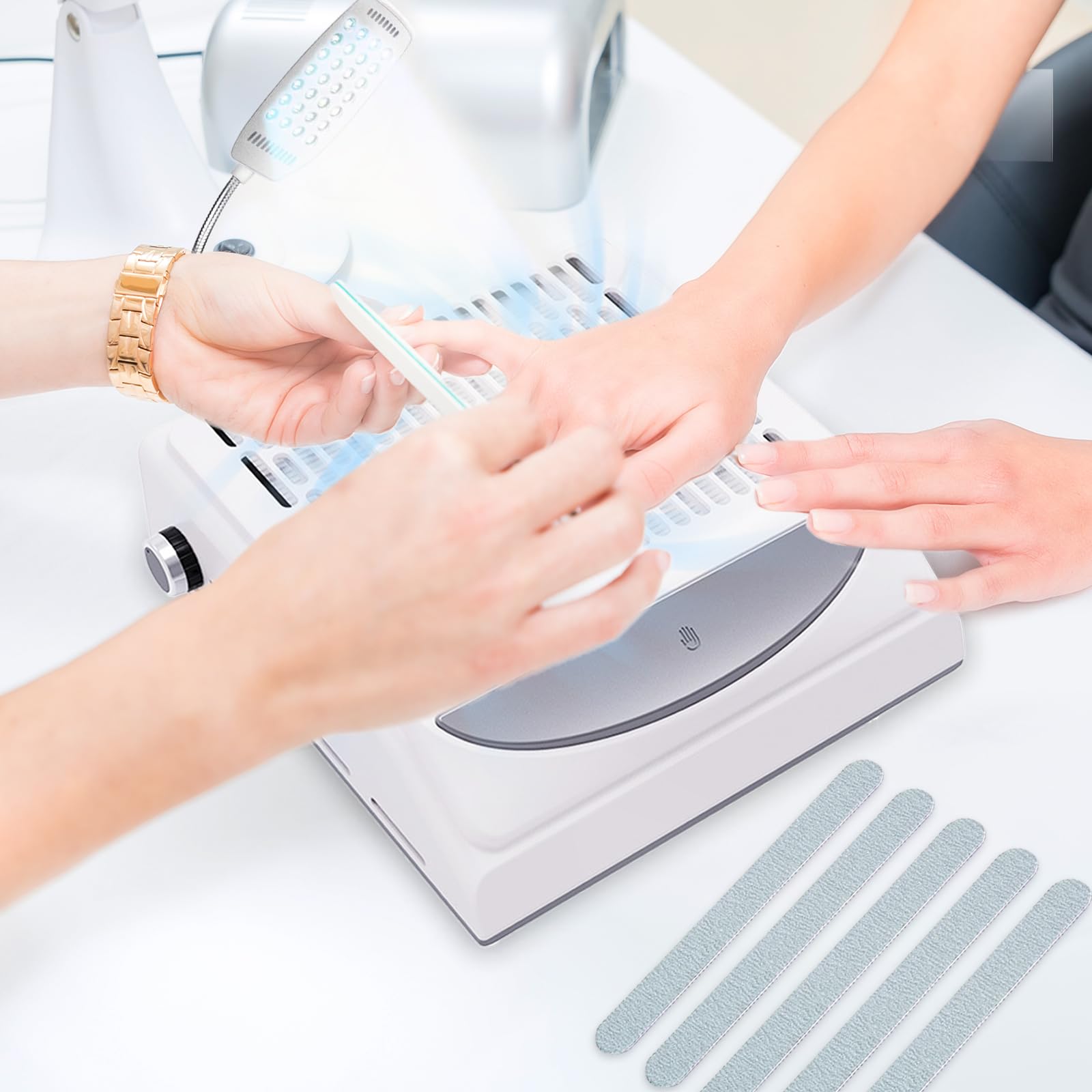 Odkurzacz do paznokci, 100 W, z filtrem 2 w 1 i światłem LED, obrotowa regulacja siły ssania do odsysania pyłu do manicure, domu i salonu