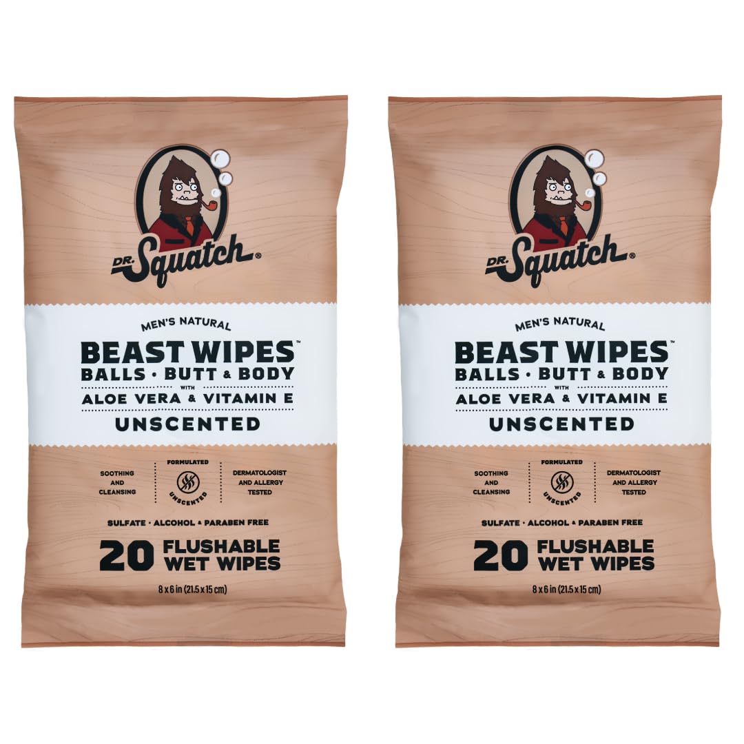 Dr. SquatchBeast Wipes - Flushable Adult Wipes for Men - Soothing and Refreshing - 2 Pack Unscented