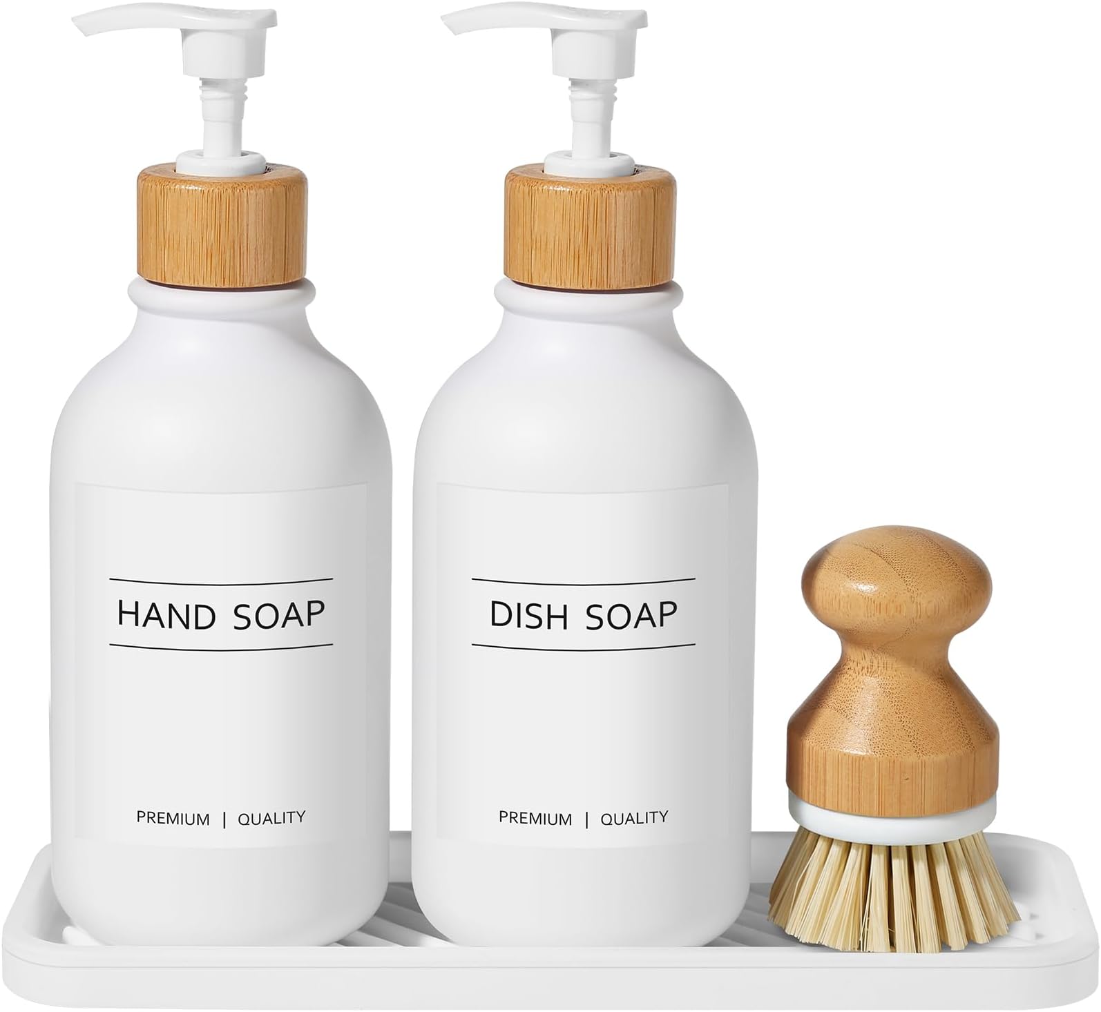 Hand and Dish Soap Dispenser Set with Tray for Kitchen Sink, 500 ML Hand Wash Bottle for Bathroom with Bamboo Pump and Dish Brush, Farmhouse Lotion Washing Up Liquid Detergent Dispensers