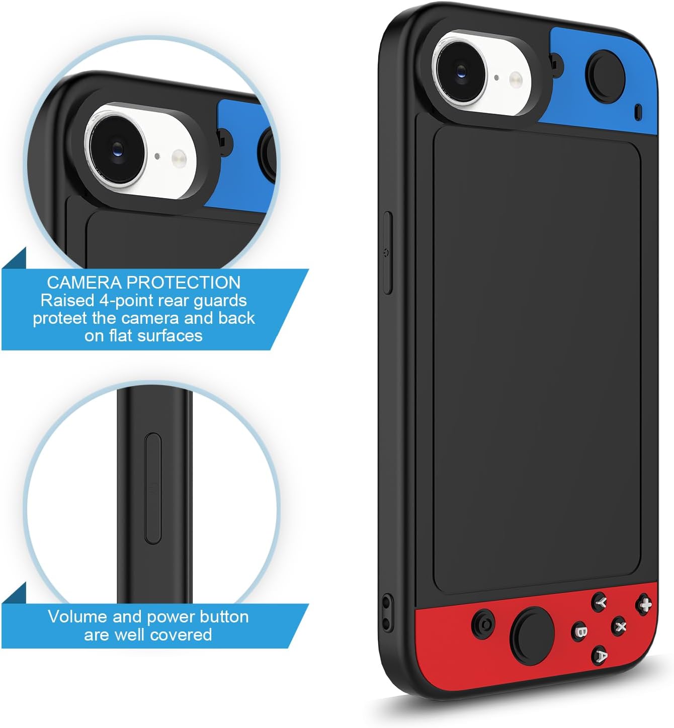 for iPhone 16E Phone Case,3D Cartoon Cute Fun Video Game Design+Snap-On+Wireless Charging+Anti-Slip+Full Body Protection Camera Protection Cover for Man Women Teen Blue Red Black for iPhone 16E - Image 3