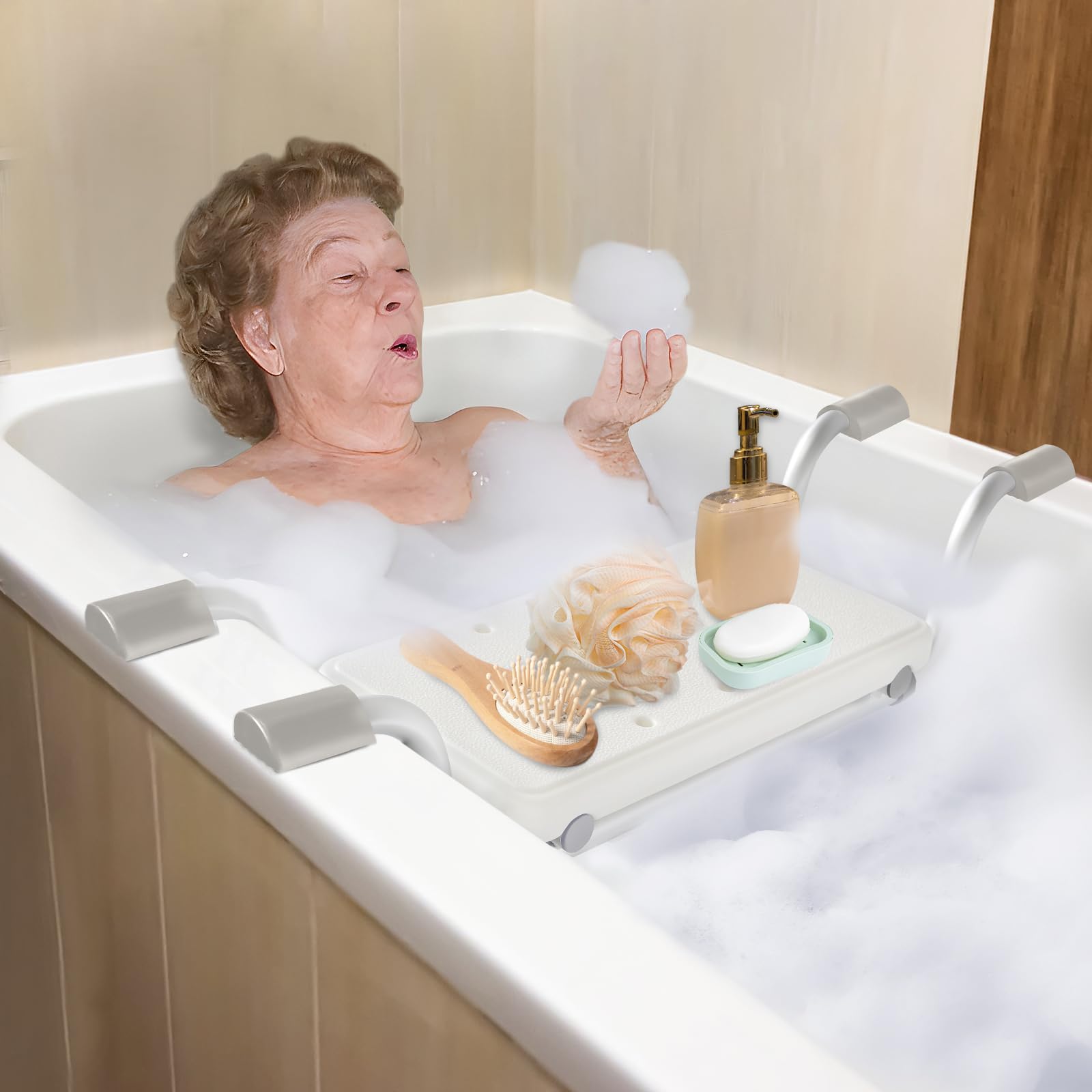 Sedile per vasca da bagno per anziani, panca doccia regolabile in larghezza 71-81 cm, telaio in alluminio e cuscino in silicone, sgabello da doccia antiscivolo per dimensioni interne della vasca da 58