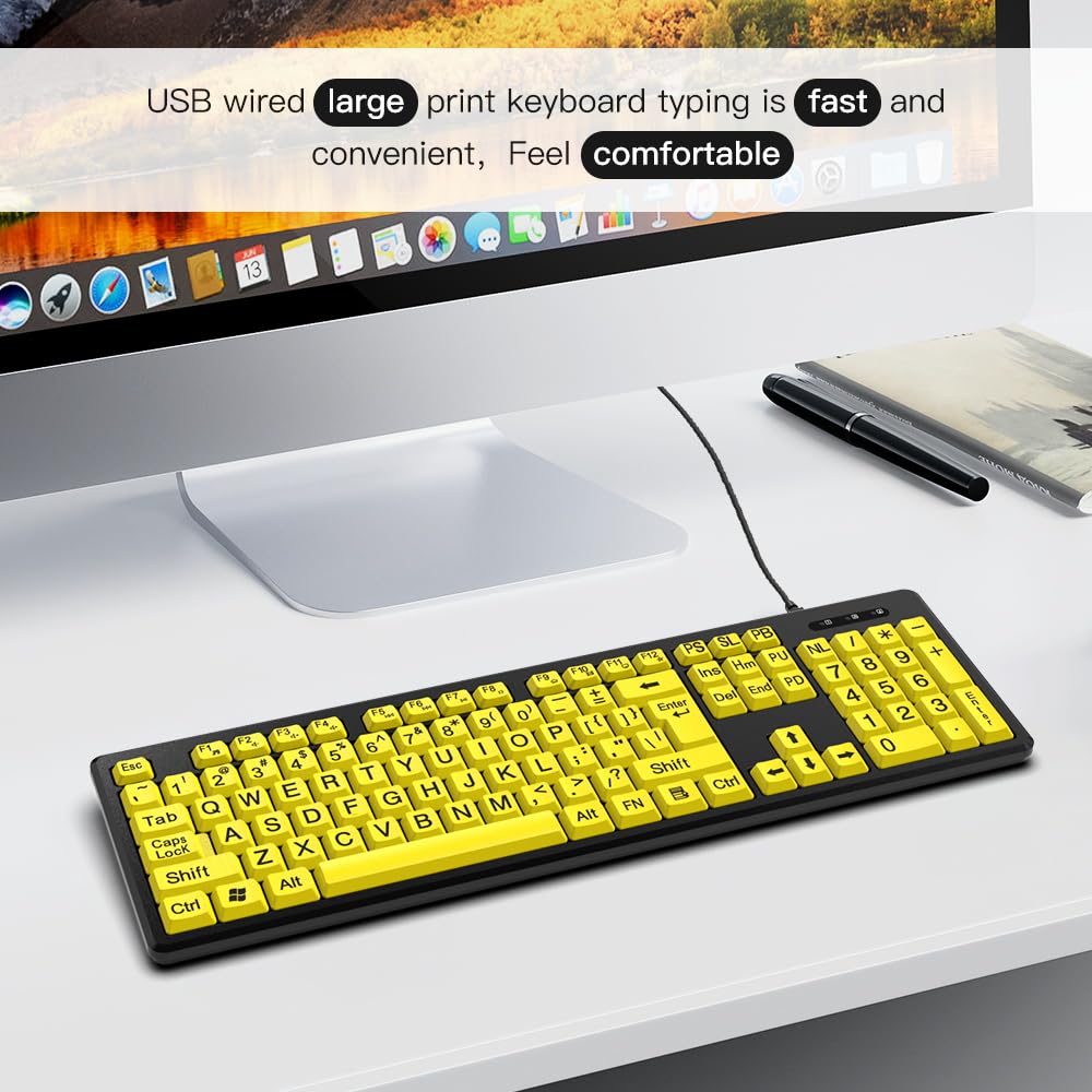 Dioche Tastiera Cablata per Computer Ad Alta visibilità - Tastiera Gialla a Caratteri Grandi per Anziani, USB Plug-and-play Ad Alta compatibilità, Digitazione Silenziosa, Resistente Agli Spruzzi