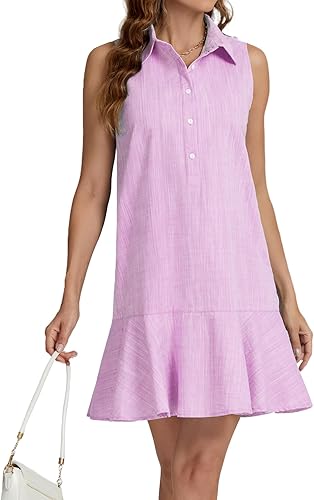 YEXPINE Womens Summer Casual Sleeveless V Neck Button Up Dress Fashion Ruffle He