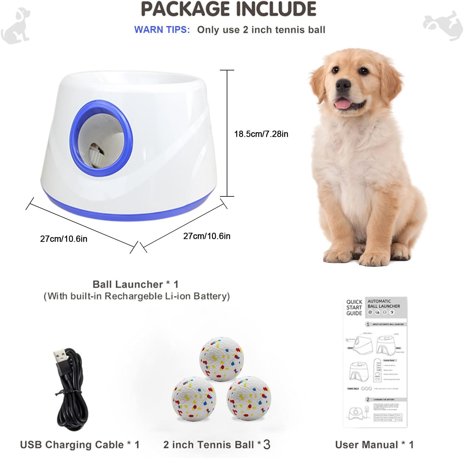 Automatic Dog Ball Launcher, Upgraded Dog Ball Throw Launcher, Adjustable Distance 20-45FT, for Small/Medium Dogs, with 3 2.3-inch ETPU Balls, Indoor and Outdoor Interactive Toys