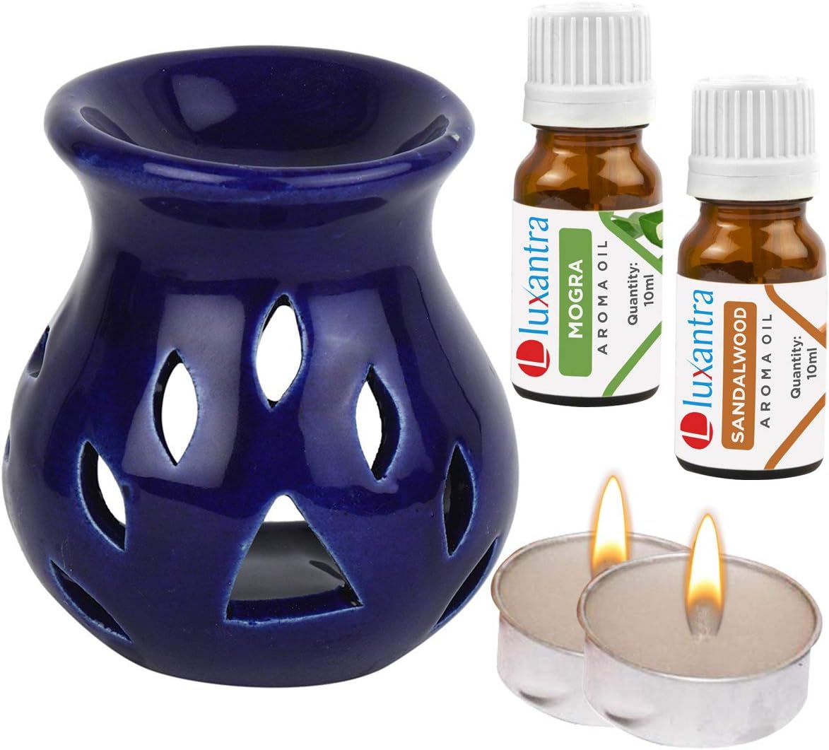 Ceramic Aroma Oil Burner and Diffuser with Sandalwood Mogra Oil and 2 Free Tealight Candles | Home Office Spa Fragrance Set | Decorative Oil Burner for Relaxation and Aromatherapy