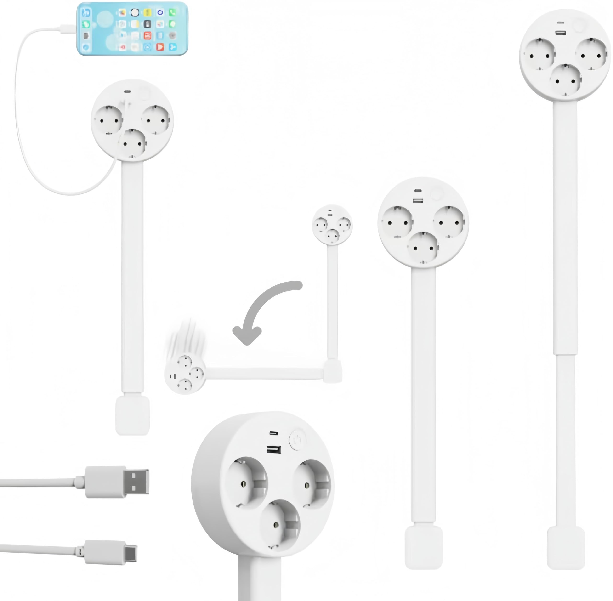 Przedłużacz elektryczny przedłużający i pływający z 2 gniazdami i USB-C Extendible od 47 do 67 cm na sofę i biurko