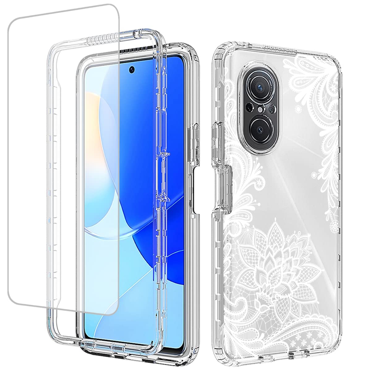 Yodueivfor Nova 9 SE/Honor 50 SE JLN-LX1 JLN-LX3 Case with Tempered Glass Screen Protector, Full-Body Cute Clear Mandala Pattern Protective Phone Cover Cases for Huawei Nova9SE Nova 9 SE (Mandala)
