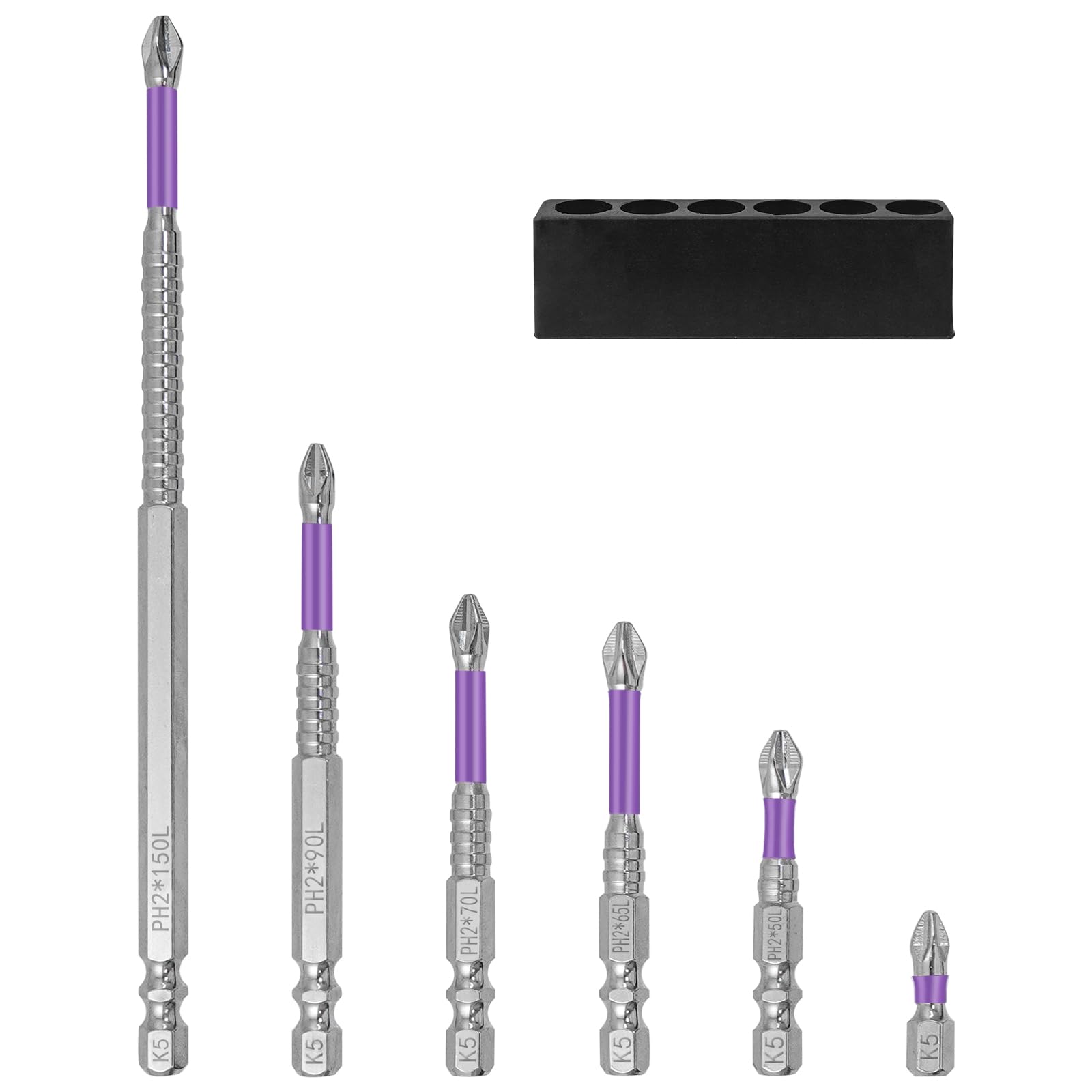 6Pcs PH2 Anti Slip Screwdriver Bits Set 25-150mm Hex Shank for Impact Drill Purple