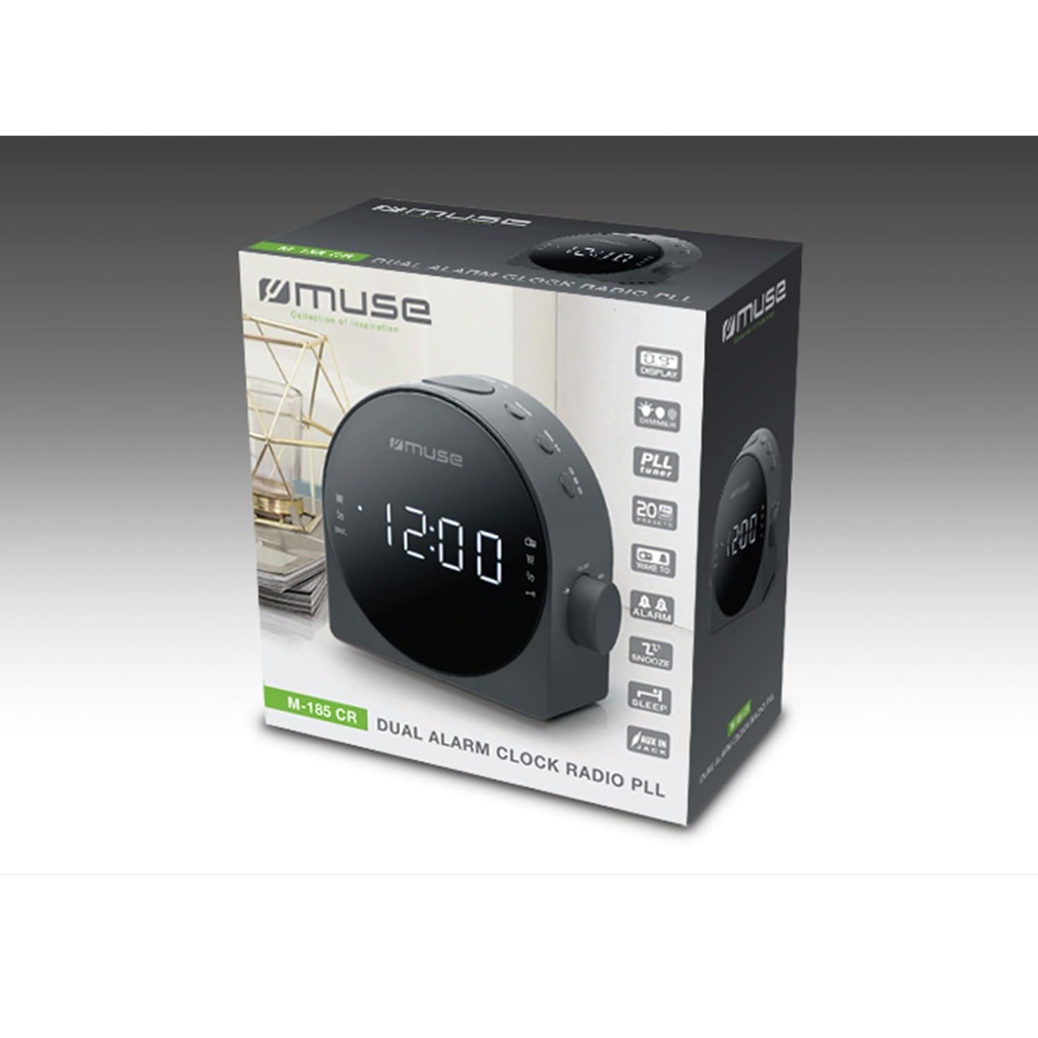 Radio Réveil Muse M-185 CR - PLL FM/MW - Double alarme - Grand afficheur blanc - Entrée auxiliaire, Intensité lumineuse réglable