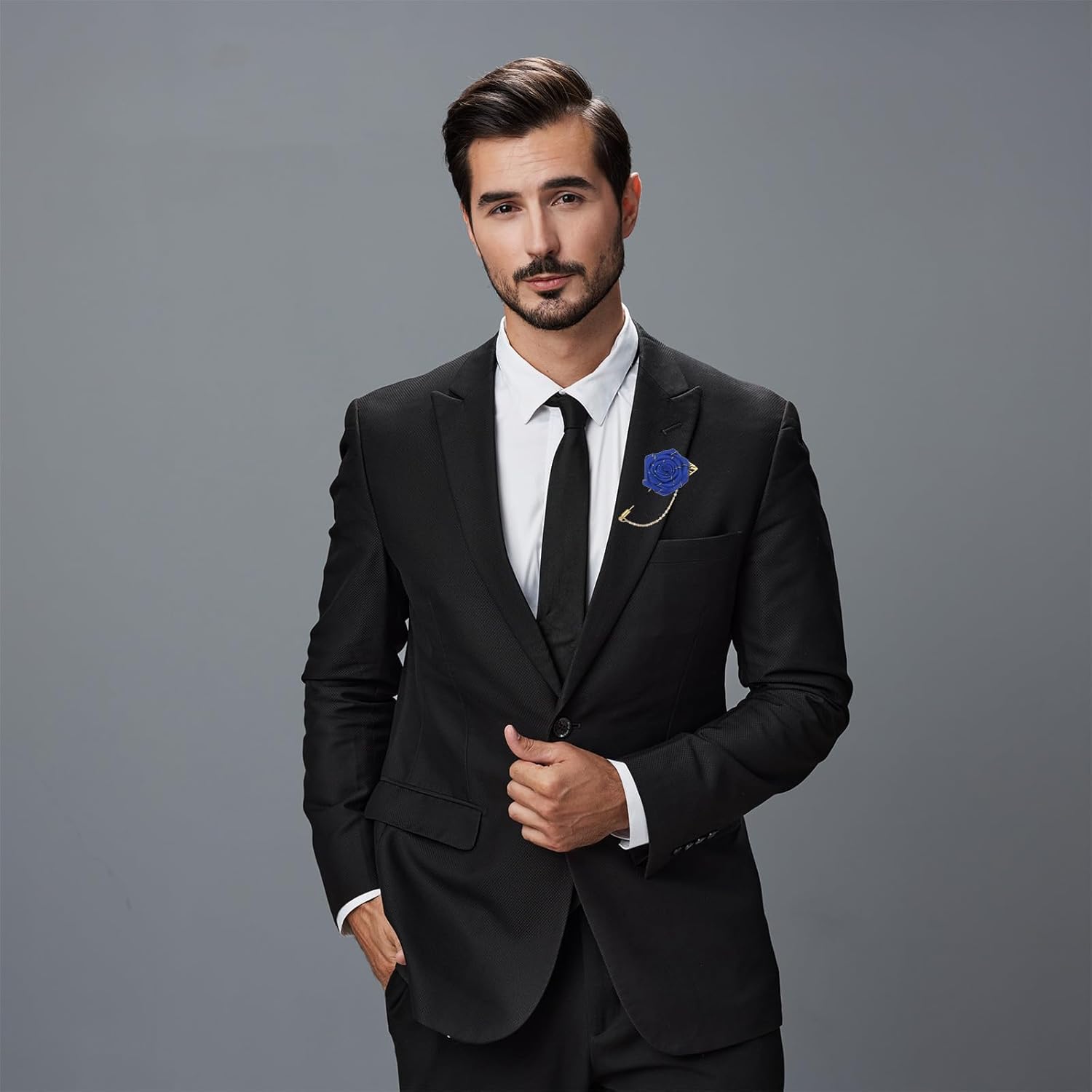 Lapel Pin for Men, Size: 1.57 inch Cloth Alloy Rose Flower Pin Suit Lapel Stick with Gold Leaf & Trim/Tassel Chain Brooch for Bridegroom Wedding 1 Count Deep Purple
