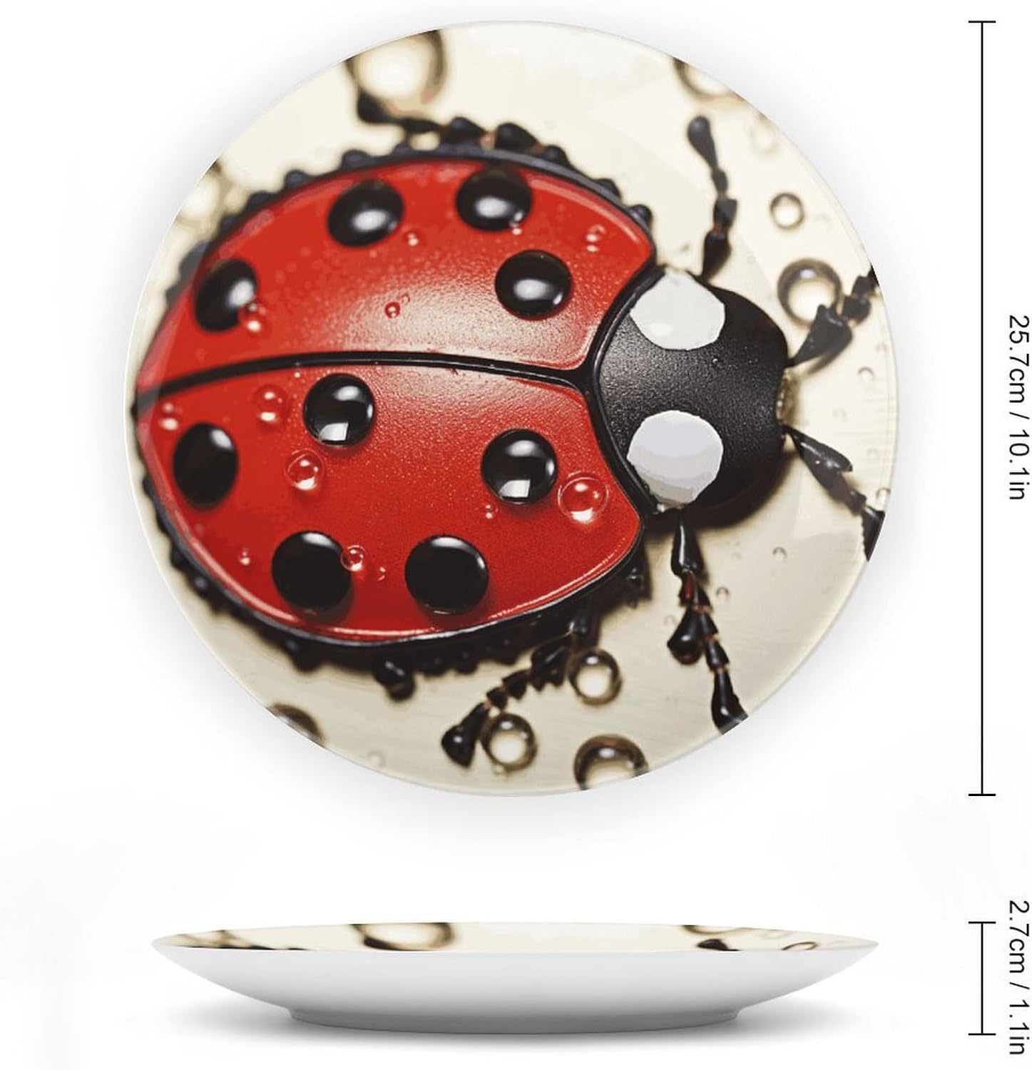 Beautiful Ladybug Ceramic Plate 10inch Decorative Bone China Wall Hanging Ornament Plates Bohemian Style Dinner Plate with Display Stand Cabinet Display Plates for Home Art Decor