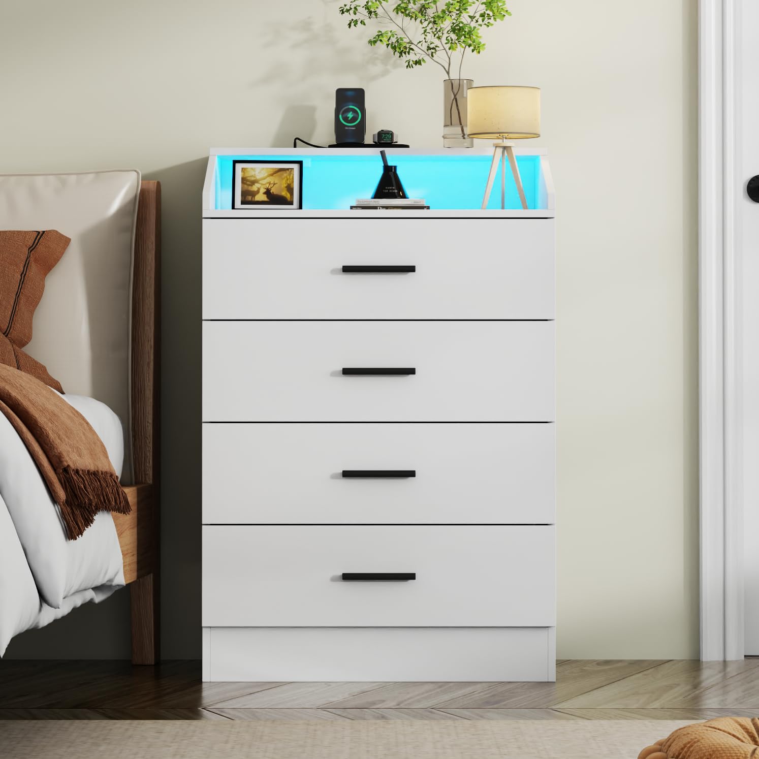 Gyfimoie 4 Drawers Dresser with Power Outlet, Chest of Drawers with LED Light, White Dresser Organizer with Open Storage Cubby, Modern Nightshatnd for
