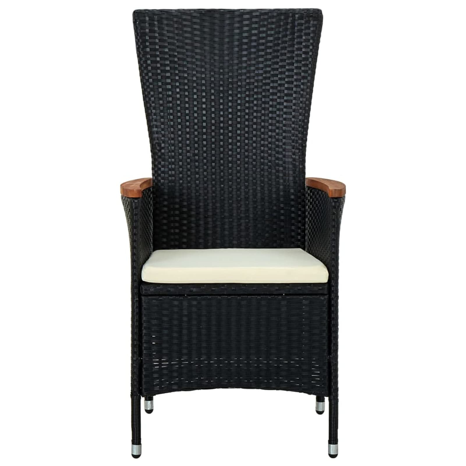 Juego de comedor de jardín, mesa de vidrio y 4 sillas reclinables con cojines, conjunto de muebles de exterior de ratán PE y acero, negro y blanco crema, 140x70x74 cm, para patio, terraza y balcón