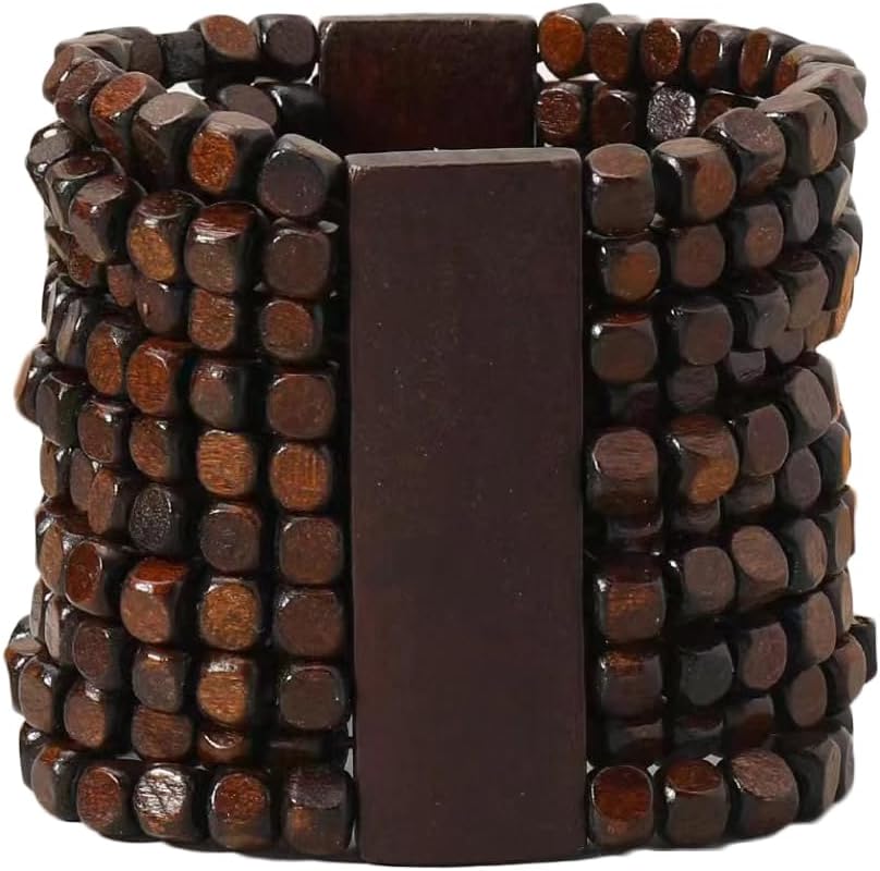 COLORFUL BLINGHandmade Natural Wooden Beads Cuff Bracelet Woven Chunky Geometric Bangle for Women Summer Beach Boho Jewelry