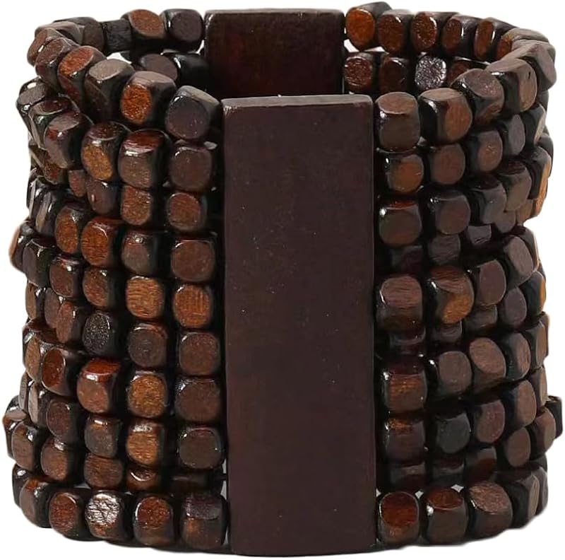 COLORFUL BLING Handmade Natural Wooden Beads Cuff Bracelet Woven Chunky Geometric Bangle for Women Summer Beach Boho Jewelry