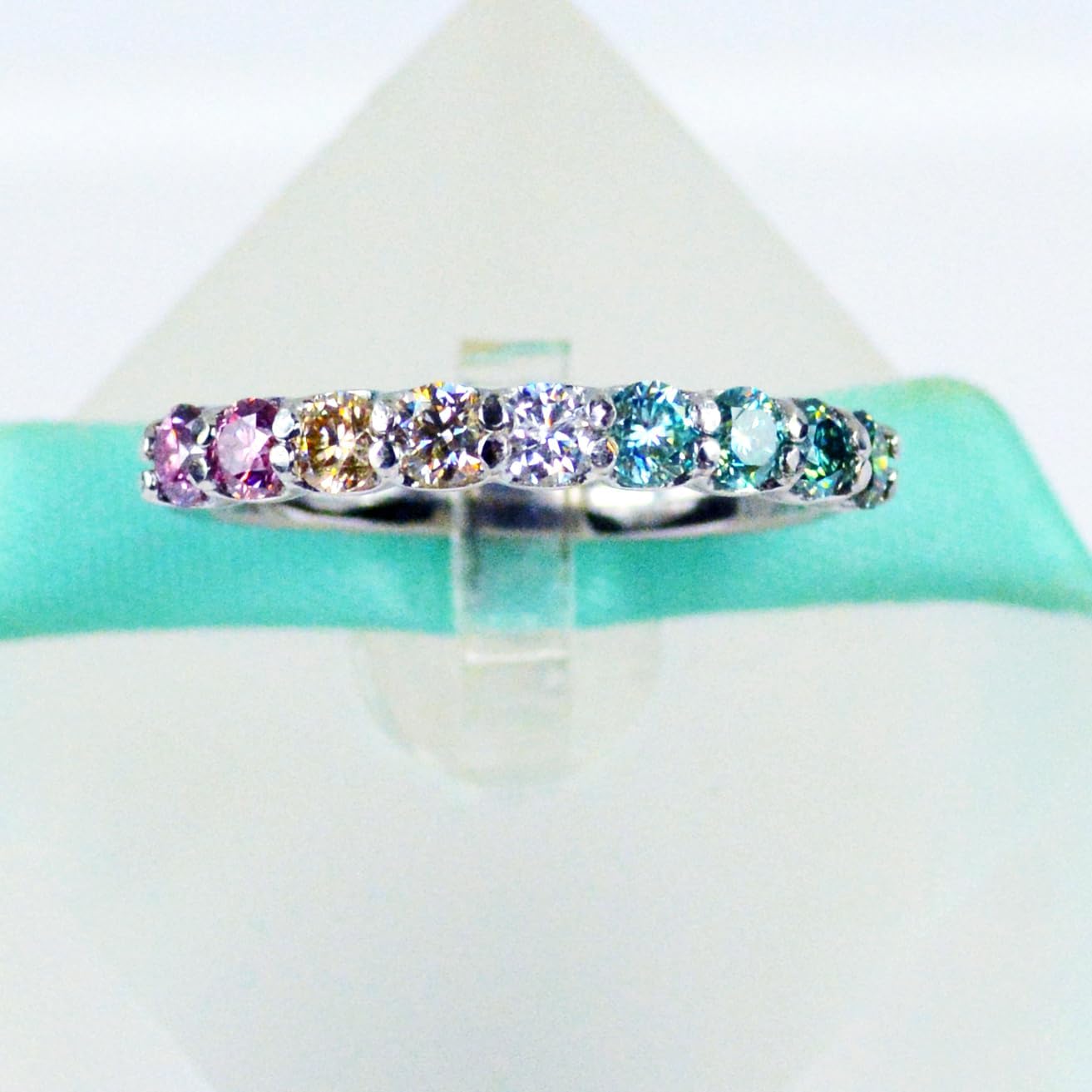 Rainbow Genuine Moissanite Band, 925 Sterling Silver, Platinum Plated, Pink, Yellow, White, Blue, Greenish Blue