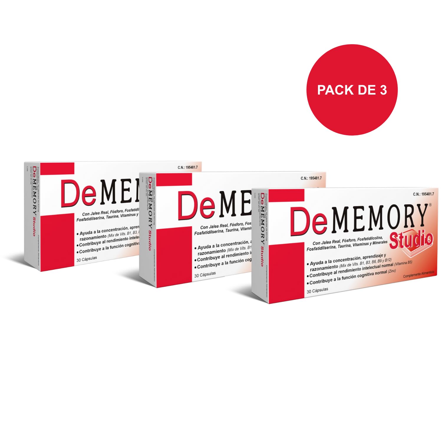 DeMemory Studio 30 Cápsulas - Pack 3 Unidades - Ayuda a la Concentración, Aprendizaje y Razonamiento - con Fosfatidilcolina, Fosfatidilserina, Taurina, Jalea Real, Vitaminas y Minerales