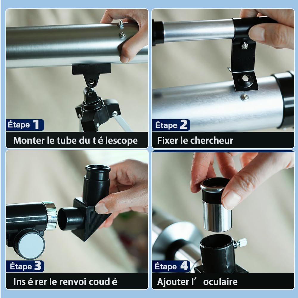 Télescope pour Enfants 50mm 100x Magnification Débutant Argent Telescopio avec Trépied, 2 Oculaires, Lunette de Visée, Ensemble Éducatif STEM pour l'Astronomie - Cadeau de Noël pour Garçons & Filles