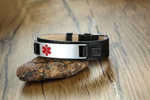 Miniatura 3 de VNOX Pulsera ajustable de identificación de cuero genuino con grabado personalizado Meidcal