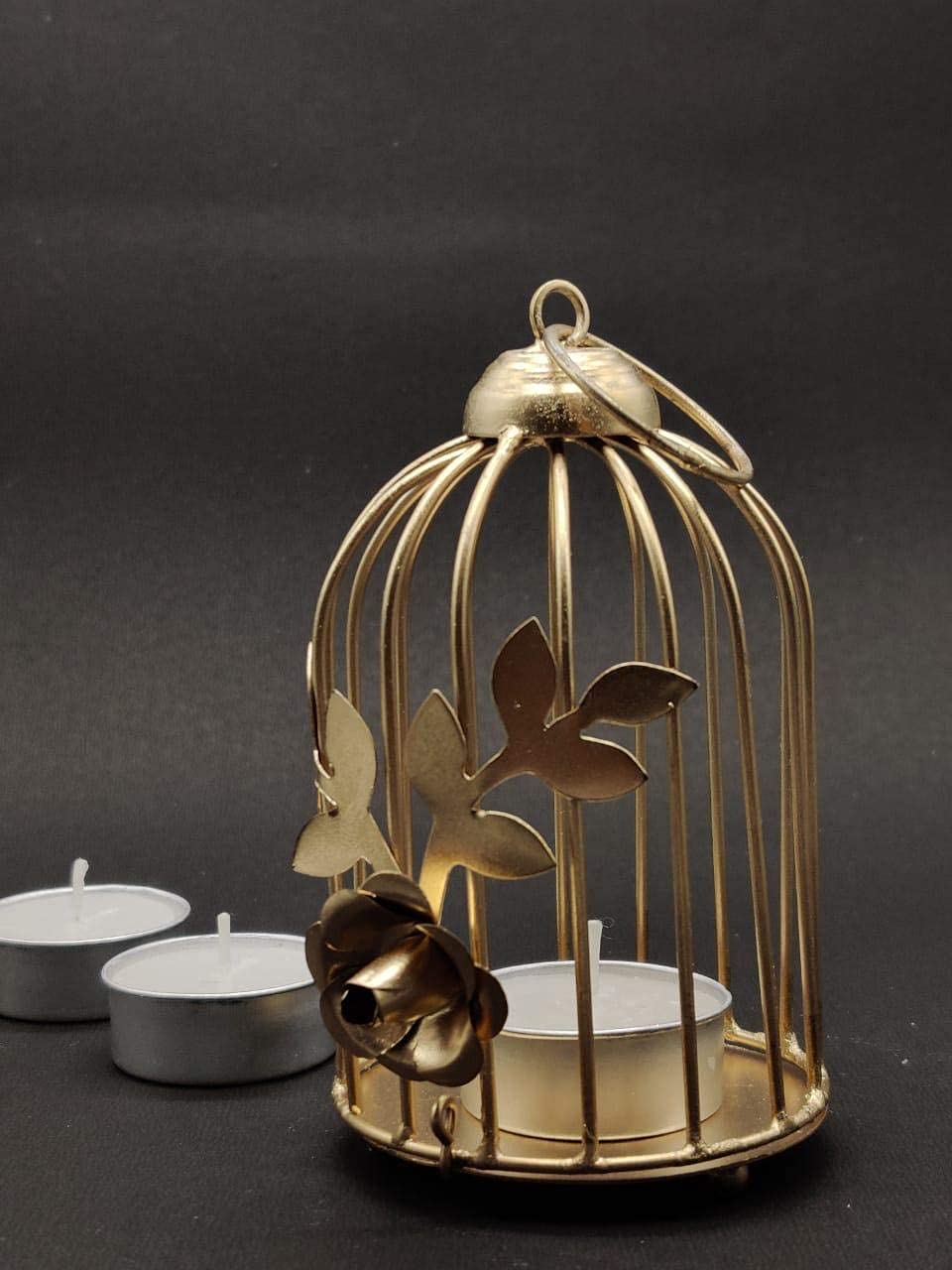 Parin Divisha Golden Cage Metal Iron Bird Cage Tea Light Holder with Flower Vine for Home Décor (Pack of 1) 1