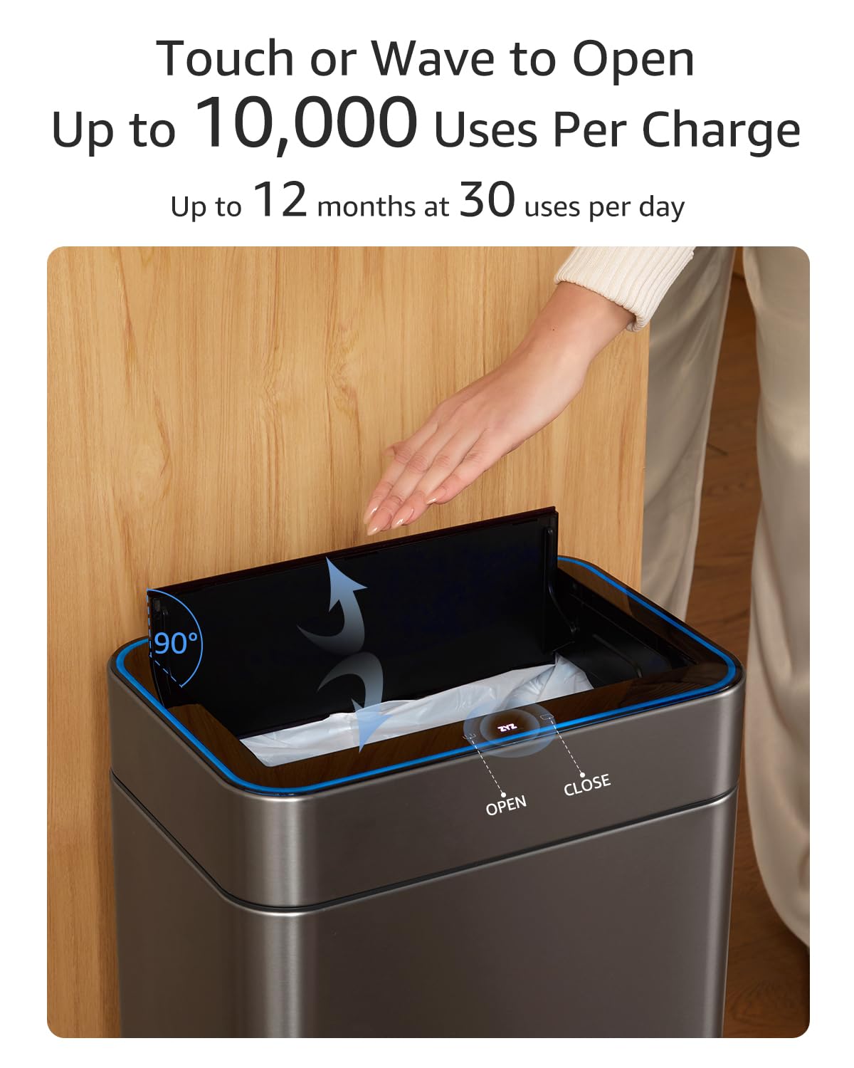 zyz Kitchen Trash Can 13 Gallon / 50L, Automatic Touchless Sensor Garbage Can with Butterfly Lid, USB Rechargeable 2400mAh Battery, Stainless Steel Soft-Close Trash Bin for Home (20 Count Trash Bags)