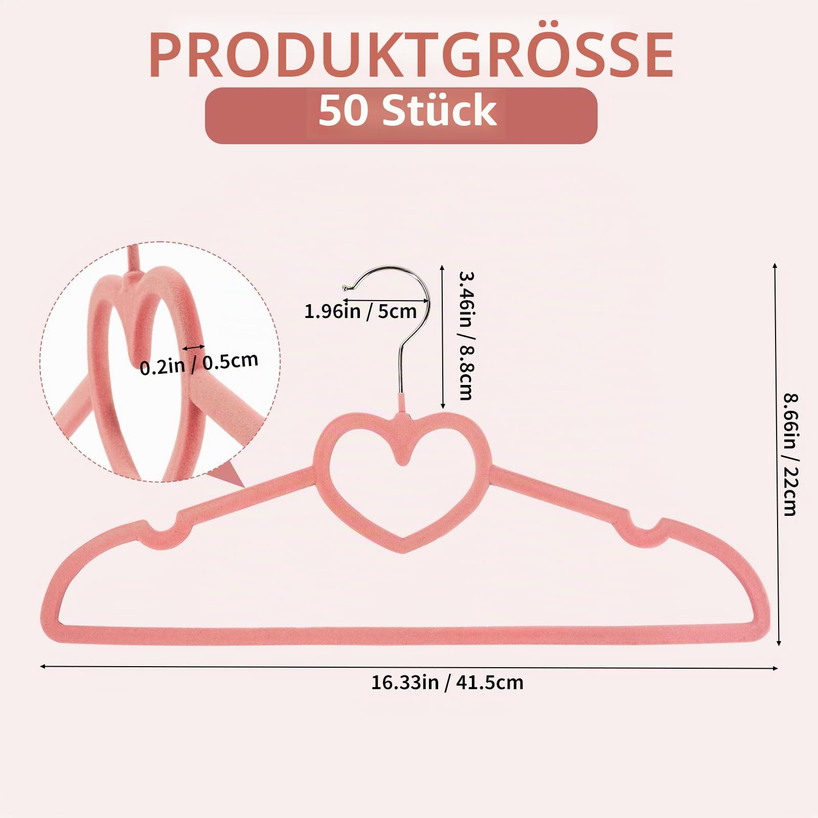 Samt-Kleiderbügel, niedliches Herz, mit 360-Grad-Drehhaken, rutschfester, dünner Filz-Kleiderbügel für Erwachsene, Mantel, Kleid, Hemd, Jacke, Hose, im Schrank, 50 Stück
