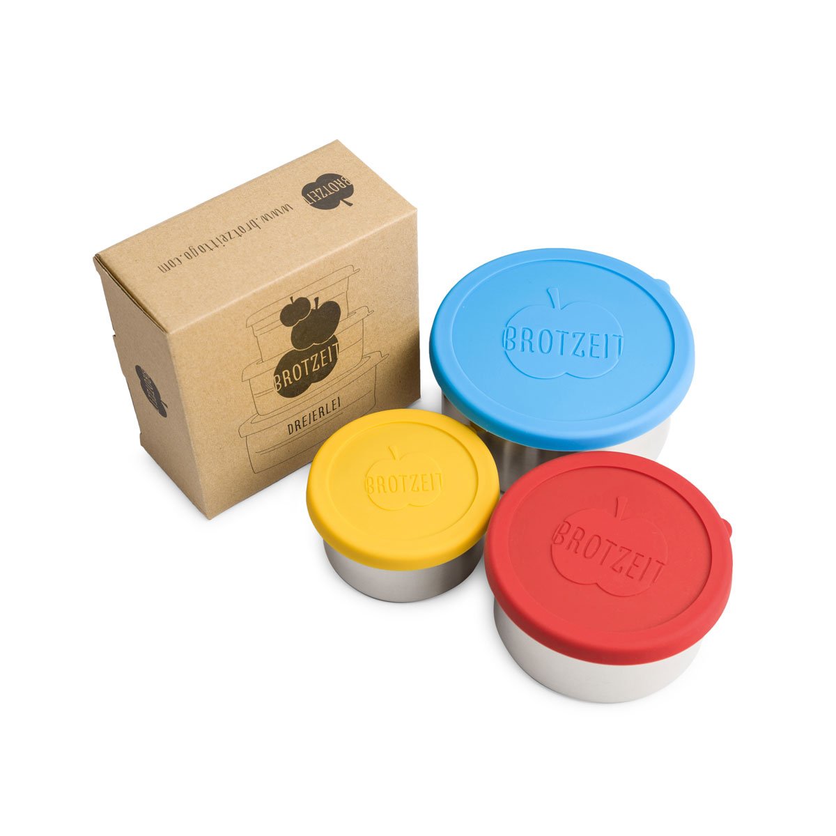 Brotzeit Dreierlei Lunchbox 3er Set aus Edelstahl mit Silikondeckel, Rot/Blau/Gelb, 13 x 13 x 6 cm