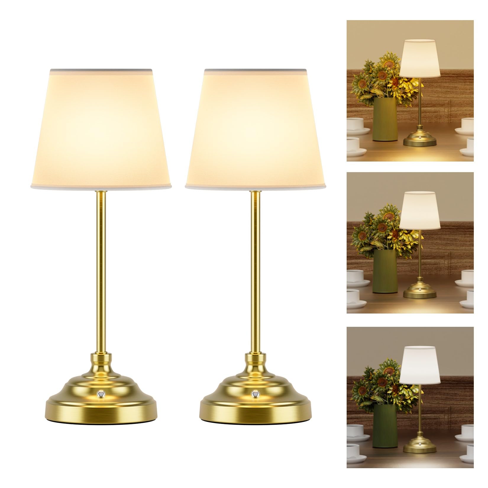 Cordless Table Lamp, 2 Packs Gold Rechargeable Desk Lamp with 6000mAh Battery Operated,Bedside Lamps for Night Stands, 3 Color Stepless Dimmable Light