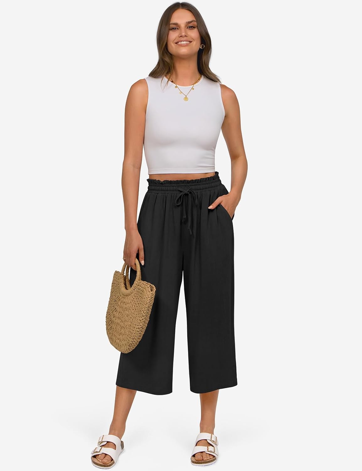 UEU Women's Linen Capris Wide Leg Ruffle High Waisted Pants Casual Drawstring Summer Loose Capri Pants with Pockets - Image 2