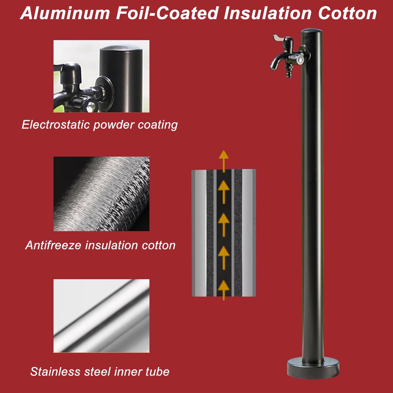 Moderne Colonne Jardin, Acier Inoxydable Colonne D'eau Verticale Antigel avec Robinets pour Cour, Ferme, Noir(60cm/24in)