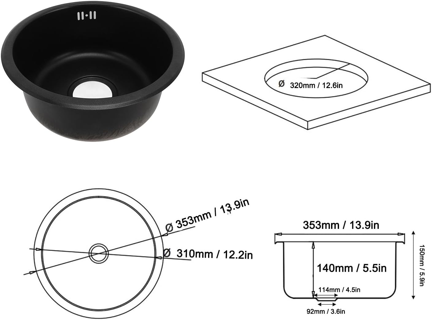 Kitchen Sink Unit 310 X 140mm RV,304 Stainless Steel Versatile with 92mm Outlet,Round Bathroom Wash Basin