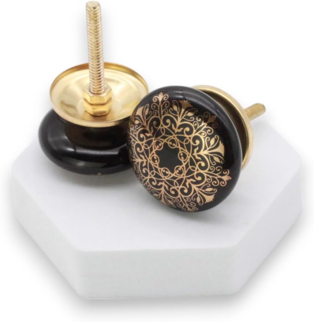 Infinity Decor Pack of 8 Emerald Black & Golden Floral Designed Ceramic Cupboard Knobs - 40mm Modern Pull Handles for Chest Drawers, Cabinet Door