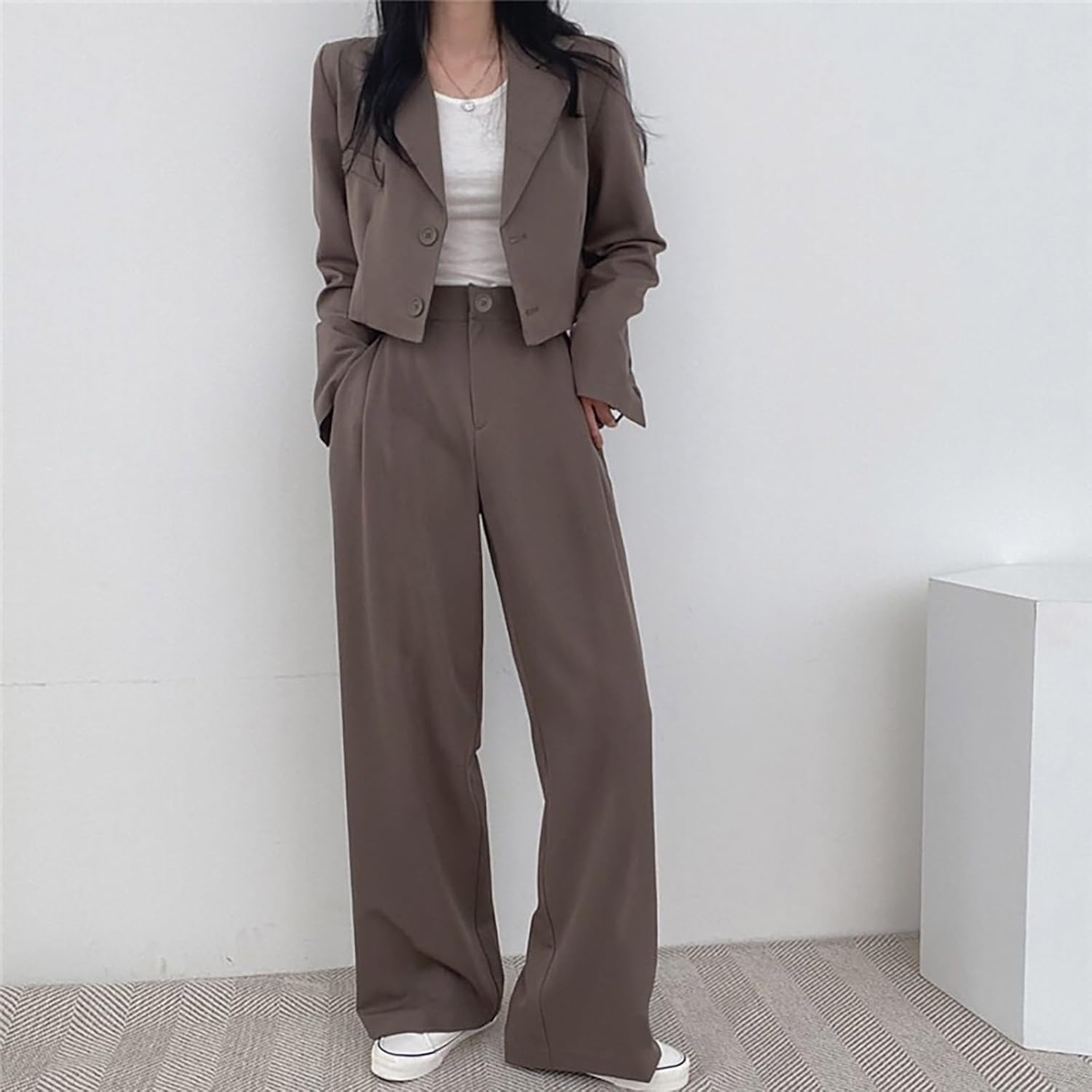 Womens 2 Piece Business Casual Outfits 2026 Fashion Dressy Suit Sets Cropped Long Sleeve Blazers & Wide Leg Pants
