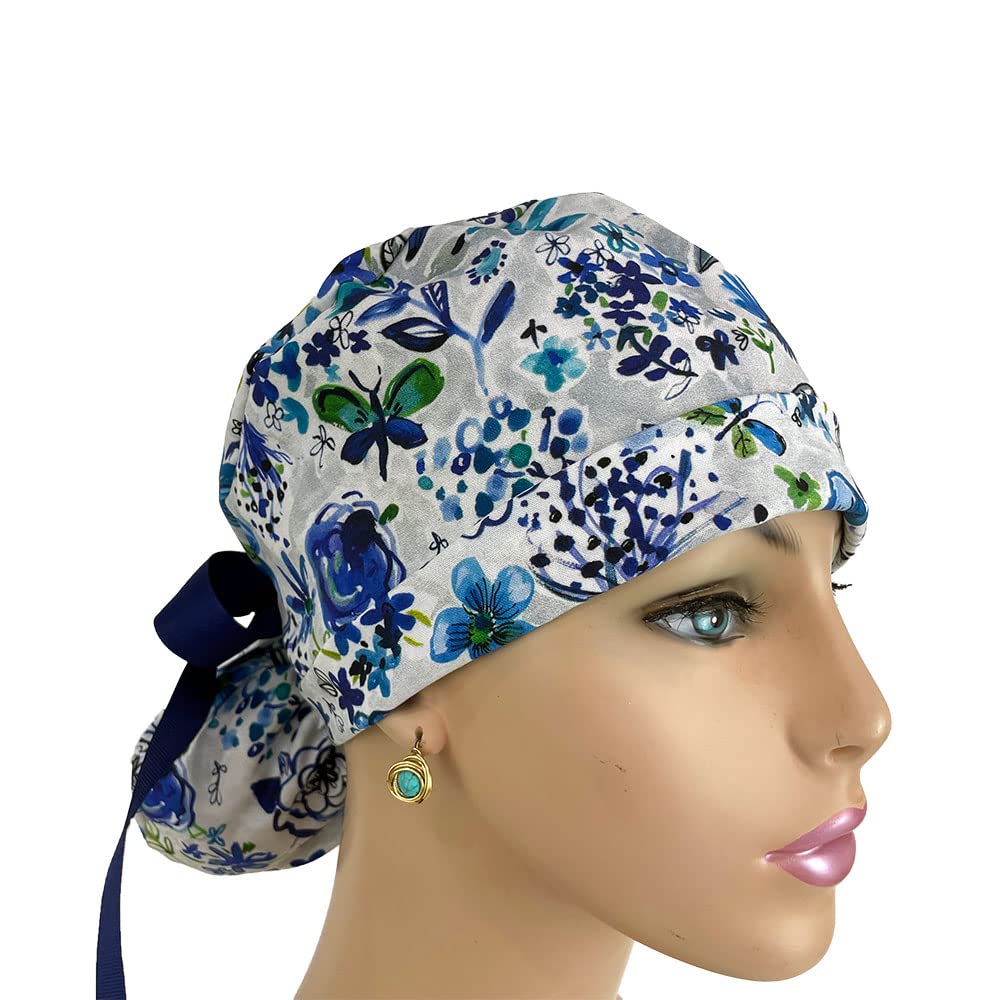 Turn Up Ponytail Medical Scrub Cap – Meadow Flowers. - Bouffant Scrub Hats, Unisex Surgical Caps, Dr. Hats, Nurses Hats. Scrub Hat for Women & Men tie Back | Working Cap with Holder