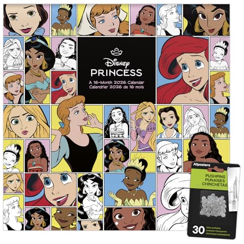 2026 Disney Princess (Bilingual French) Wall Calendar & Push Pins