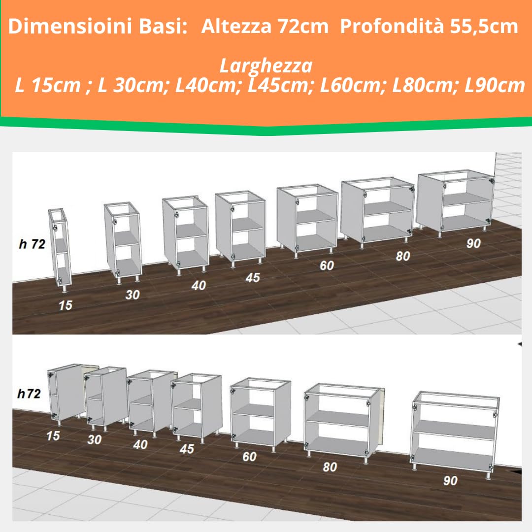 Generico Mobili base cucina colore bianco opaco varie misure (H 72 cm X L 15 cm X P 55,5 cm)