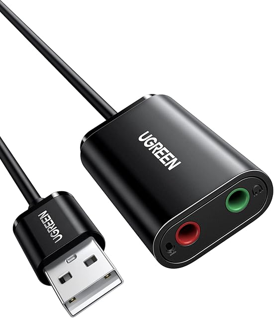 UGREEN USB Sound Card USB to 3.5mm Headphone Audio Adapter DAC External Stereo Sound Dongle USB Aux Converter TRS Mic Supported Compatible with PC, Laptop, Headset, Speaker, PS4/5, Windows, Linux, Mac