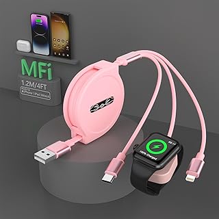 【2025新版】3in1 充電ケーブル 巻き取り式 3イン1 充電コード iPhone アップルウォッチ 同時充電 3A 急速充電 USB Type C/iPhone/Apple Watch 充電ケーブル 3台同時充電 i-Phone/iPad/Apple Watch Series 10/9/8/7/6/5/4/3/2/1/Ultra 2/SE 各種対応-1.2M ピンク