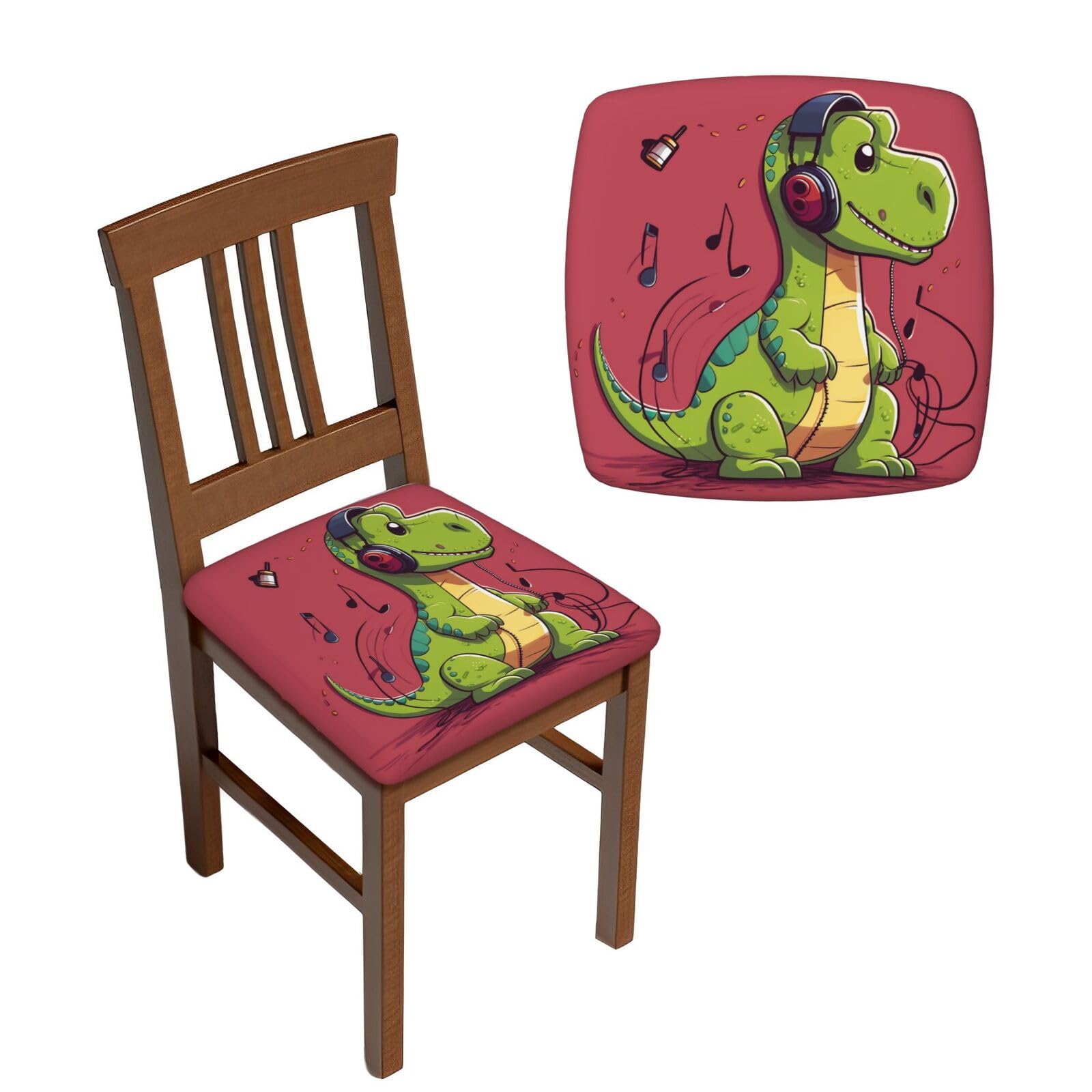 NONHAI 4PCS Dining Chair Seat Covers Set Dinosaur Wearing Headphones Stretch Removable Chairs Covers Washable Seat Cushion Slipcovers Protector for Dining Room Kitchen Chairs
