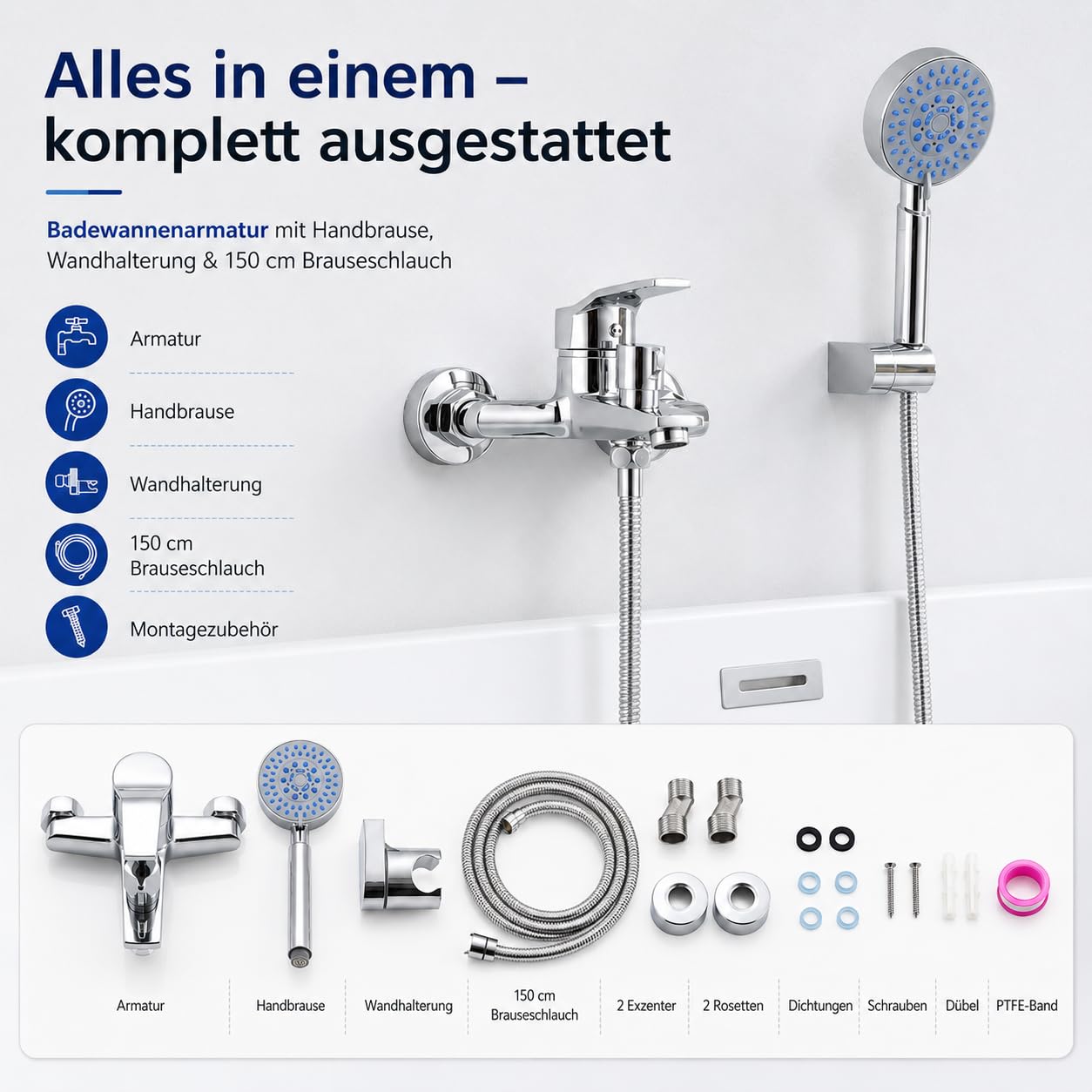 BONADE Badewannenarmatur mit Handbrause Mischbatterie Badewanne Chrom Wannenarmatur mit Brause Duschkopf 5 Funktionen, Messing Duscharmatur Wandhalterung und 150 cm Brauseschlauch für Bad