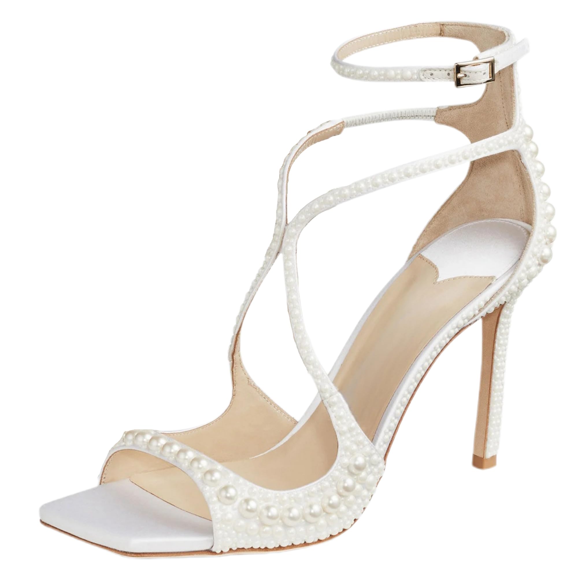 Braut Heels Sandalen, Weiß Offene Zehe Frauen Hochzeit High Heels Mit Perlenriemen Für Party, Täglich, Bankett