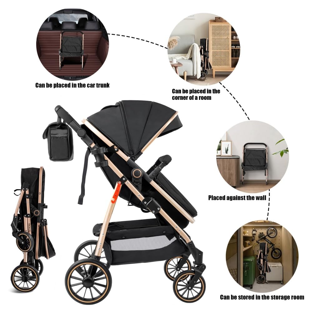 Kinderwagen 3 in 1 Premium System mit Autositz, UPF 50+ Sonnenschutz, Schwarz