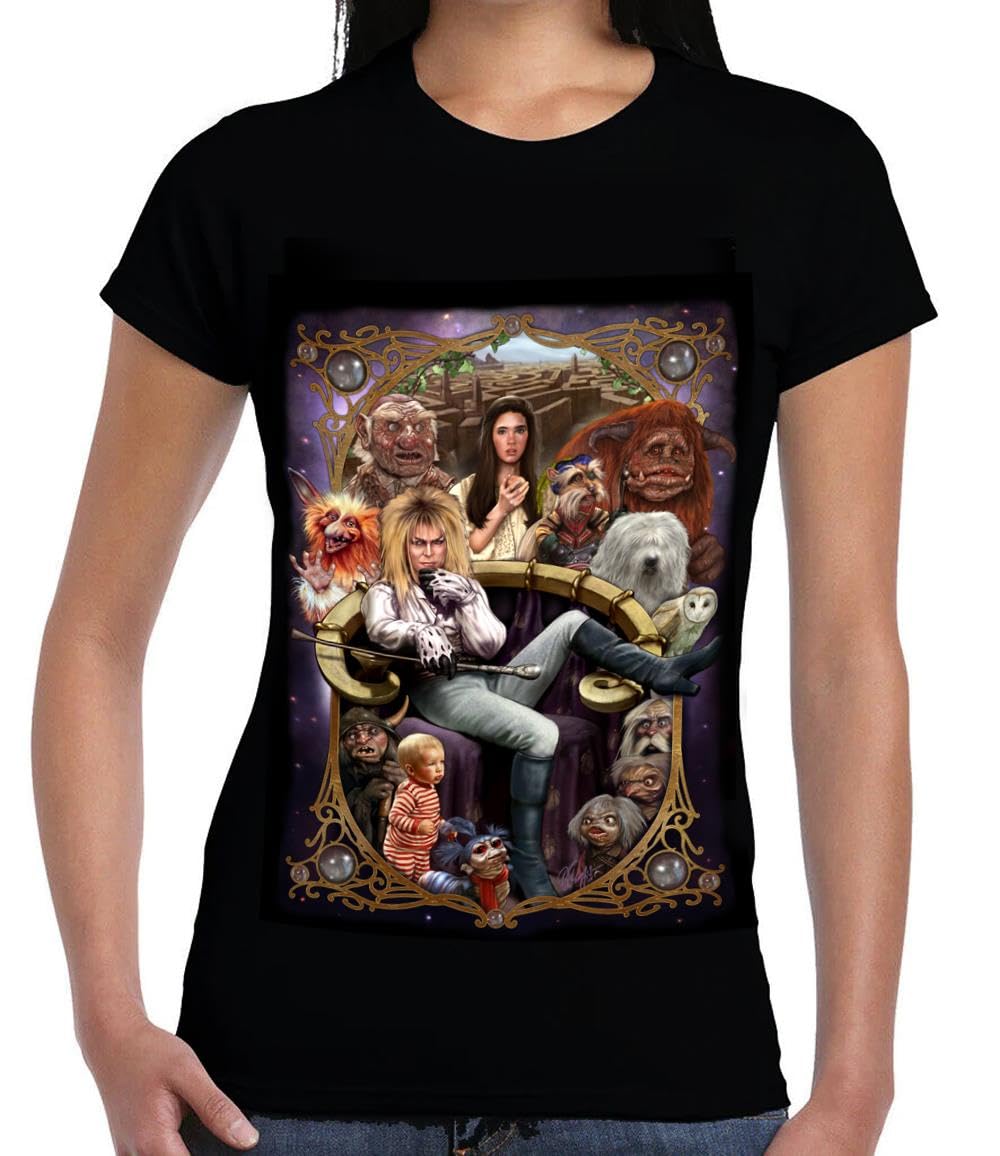 Labyrinth Womens Capsleeve Tshirt, Black T-Shirt with Occult Dark Fantasy Art