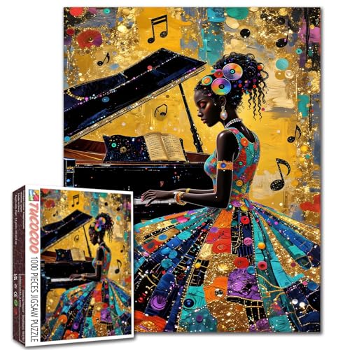 Afro America Woman 1000 Piece Jigsaw Puzzles for Adults, African American Pianist Puzzles Challenging Black Girl Playing Piano Wall Decor DIY Craft Puzzle Art(27"x20")