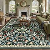 WondRg 8x10 Washable Dark Green Floral Area Rug for Living Room Non-Slip Soft Large Rug for Playroom Vintage Low Pile Stain Resistant Carpet for Bedroom Kitchen Office Dining Kids Room Indoor