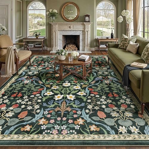 9x12 Washable Dark Green Floral Area Rug for Living Room Large Non-Slip Soft Rug for Playroom Retro Flower Stain Resistant Low Pile Carpet for Bedroom Kitchen Office Kids Dining Room 9'x12'