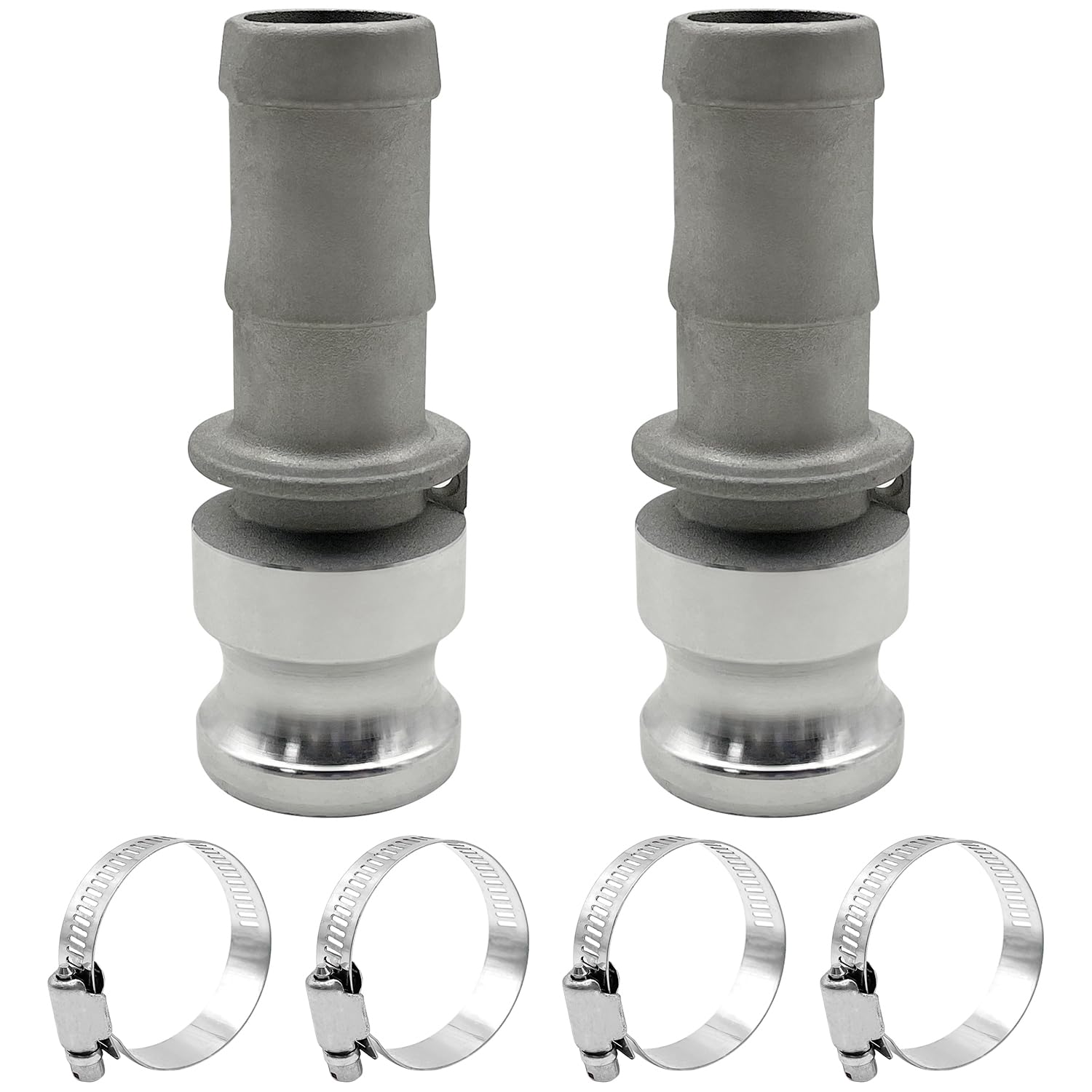 2PCS Type E Aluminum Global Cam and Groove Hose Fitting E-200 2" Type E with 4 PCS Hose Clamps with a Hose Shank (2 inch, Type E)