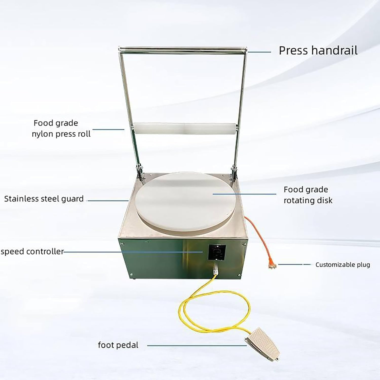 Pressa Automatica per Impasto Pizza, Macchina per Stendere Chapati e Roti con Pedale di Comando, Rullo di Pressione in Nylon da 5 cm, Funzione di Velocità Regolabile, per Uso Domestico